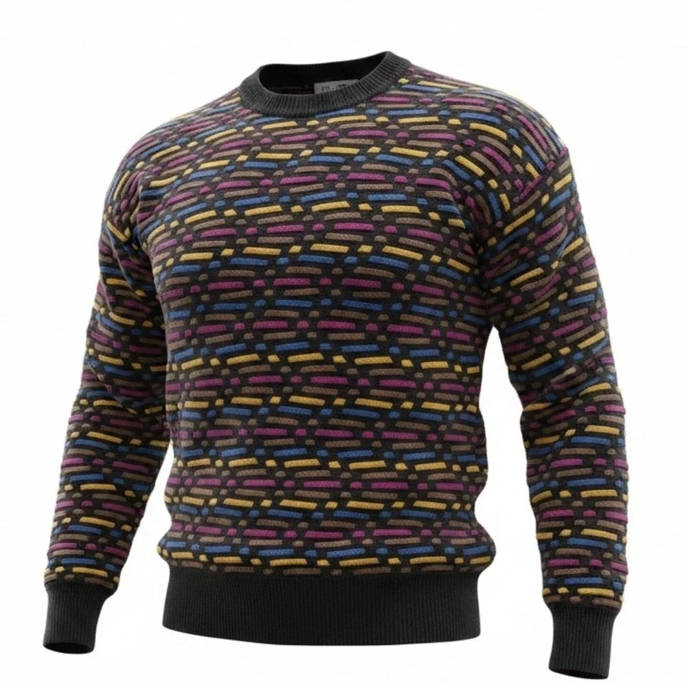 Ron Chereskin Sweater Mens XL Black Multi Cotton Vintage 90s Textured Knit